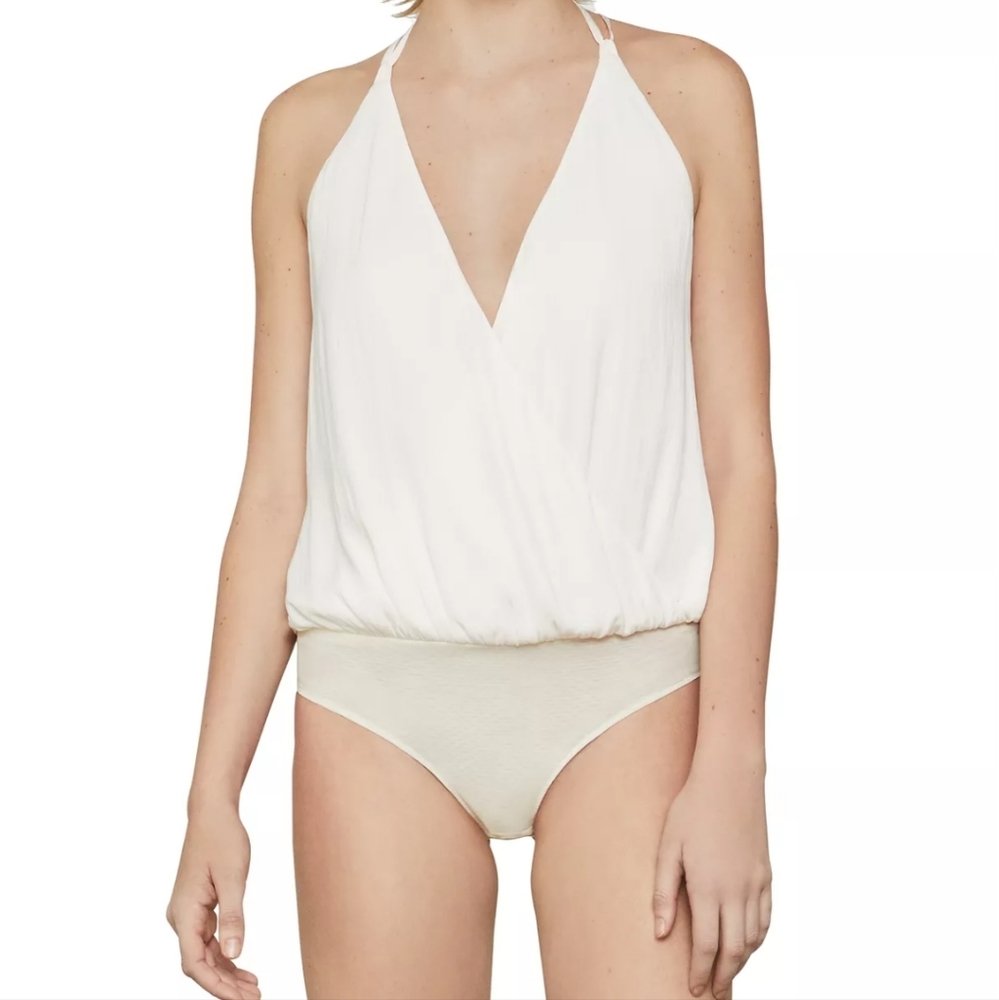 Discount 🍏 BCBGMAXAZRIA Women's Disco Satin Bodysuit, Gardenia, Sz X-Small